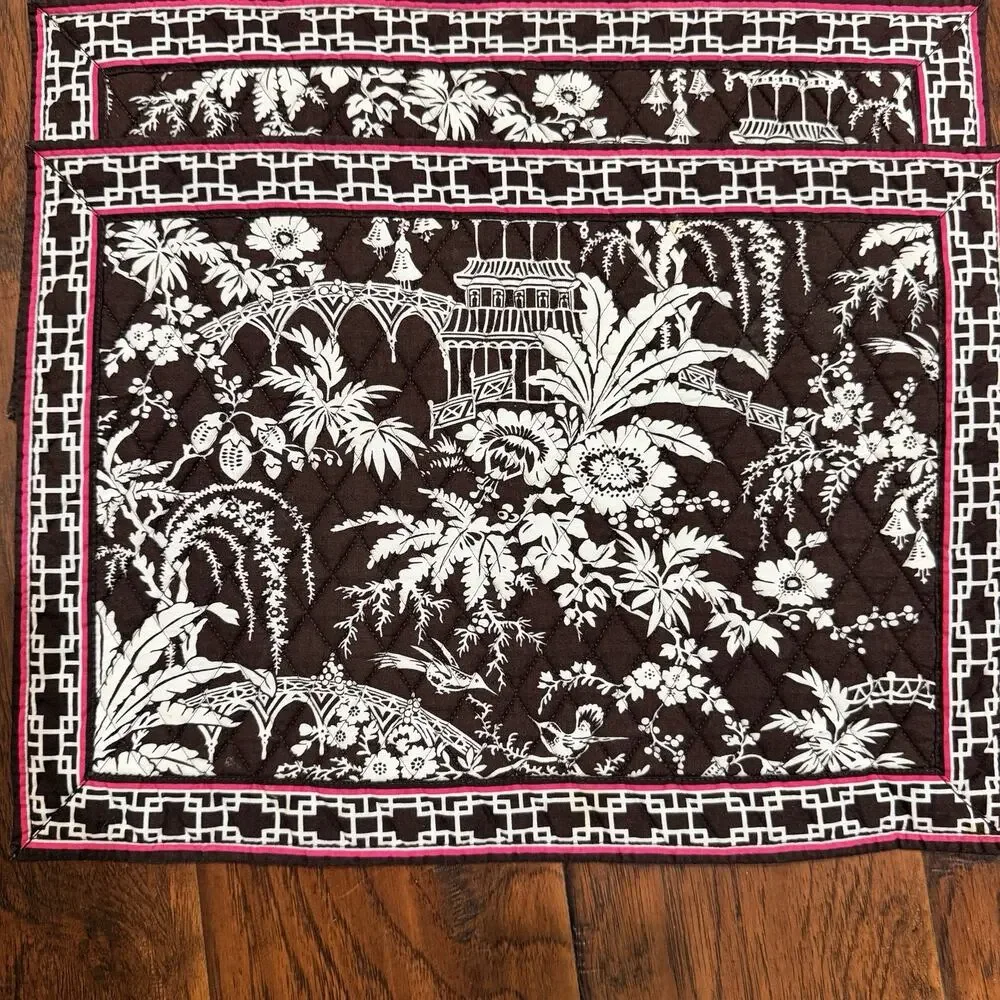 Vera Bradley Imperial Toile Quilted Placemats Set of 4 Brown Pink Retired VTG